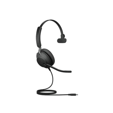 A certified refurbished Jabra Evolve2 40 Mono Wired Headset USB-C by Jabra is shown on a white background, featuring a cushioned earpad, adjustable headband, microphone boom, and USB-C connector for comfort and clear audio.