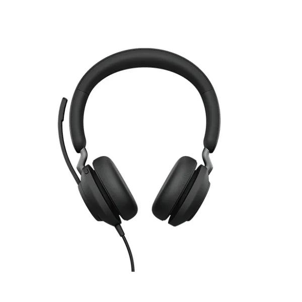 The Jabra Evolve2 40 Stereo Wired Headset in black features over-ear cushioned ear cups, a padded headband, boom mic, and USB-C connection, shown on a white background. Brand: Jabra. Model: Evolve2 40.