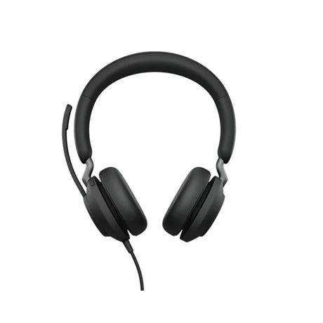 The Jabra Evolve2 40 Stereo Wired Headset in black features over-ear cushioned ear cups, a padded headband, boom mic, and USB-C connection, shown on a white background. Brand: Jabra. Model: Evolve2 40.