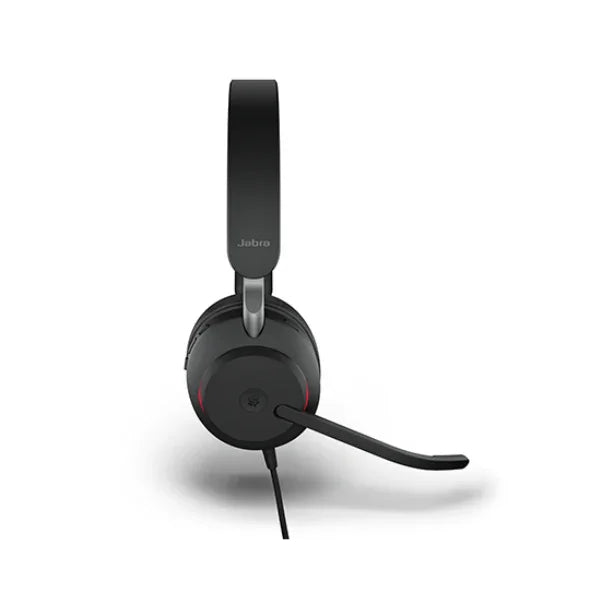 A black Jabra Evolve2 40 Stereo Wired Headset (USB-C) by Jabra, featuring an adjustable headband and microphone boom, is shown from the front against a white background.