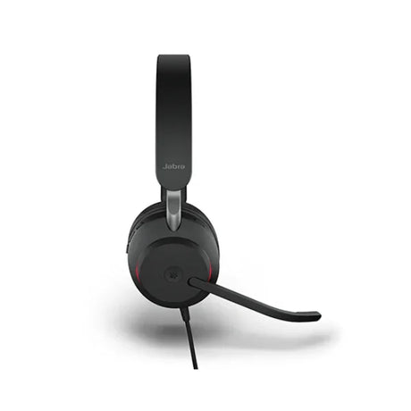 A black Jabra Evolve2 40 Stereo Wired Headset (USB-C) by Jabra, featuring an adjustable headband and microphone boom, is shown from the front against a white background.