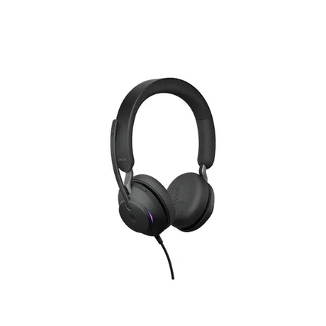 A Jabra Evolve2 40 Stereo Wired Headset in black, featuring an attached adjustable microphone, is displayed against a plain white background.