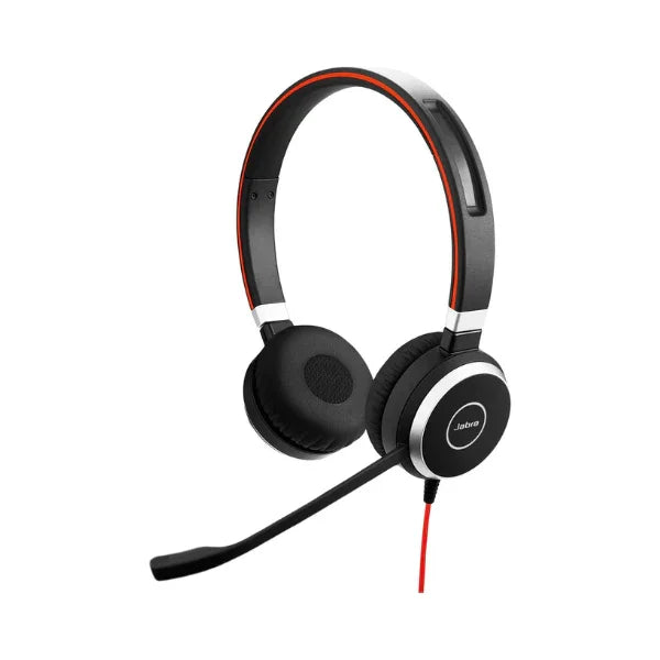 The Jabra Evolve 40 Stereo is a black and red over-ear wired headset with USB/3.5mm connectivity, padded headband, circular ear cushions, adjustable noise-cancelling mic boom, and visible Jabra branding on the ear cups.