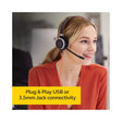 A woman smiles at her desk wearing the Jabra Evolve 40 Stereo Wired Headset by Jabra, featuring a noise-cancelling microphone. A yellow label reads: Plug & Play USB or 3.5mm Jack connectivity.