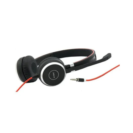 The Jabra Evolve 40 Stereo Wired Headset features a noise-cancelling mic, black over-ear design, red audio cable, and USB/3.5mm connectivity, shown on a white background.