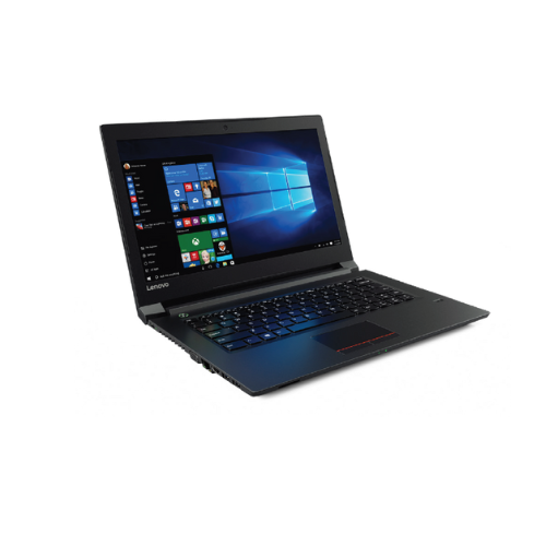 A certified refurbished Lenovo V310-15ISK 15.6" business laptop with Core i7 6500U, 8GB RAM, 250GB SSD, and Windows 10 Pro is shown on a white background with its visible keyboard and screen displaying the Windows 10 start menu.
