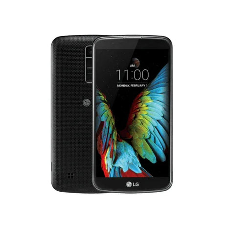 Front and back view of a certified refurbished LG K10 K430DSY 16GB 5.3" Dual SIM 4G Unlocked Smartphone by LG, featuring a vibrant bird on the display and a textured black rear cover.