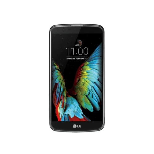 A black LG K10 K430DSY 16GB 5.3" Dual SIM 4G Unlocked Smartphone (Refurbished) by LG is shown with a parrot feather wallpaper at 11:00 AM, Monday, Feb 1, displayed against a white background.