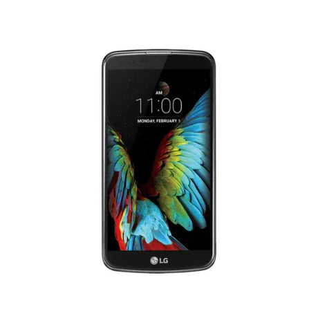 A black LG K10 K430DSY 16GB 5.3" Dual SIM 4G Unlocked Smartphone (Refurbished) by LG is shown with a parrot feather wallpaper at 11:00 AM, Monday, Feb 1, displayed against a white background.