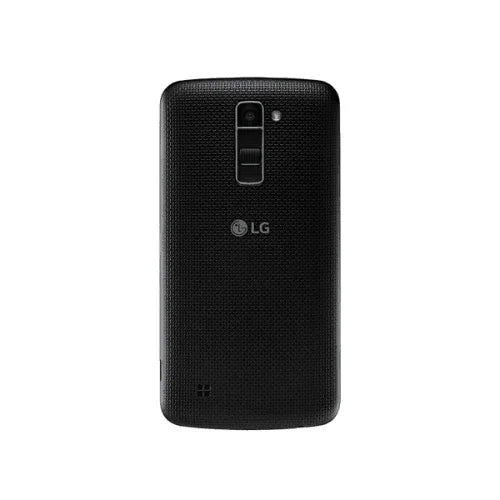 A certified refurbished black LG K10 K430DSY 16GB 5.3" Dual SIM 4G Unlocked Smartphone is shown from the back, highlighting its textured finish, rear camera with flash, volume buttons, and a centered LG logo.