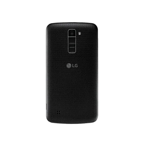 A certified refurbished black LG K10 K430DSY 16GB 5.3" Dual SIM 4G Unlocked Smartphone is shown from the back, highlighting its textured finish, rear camera with flash, volume buttons, and a centered LG logo.