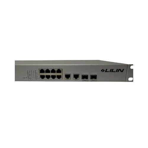 A certified refurbished Cisco LILIN PMH-POE08260WAT 8 Port PoE+ Fast Ethernet Switch (260W, rack-mountable), with four extra ports and indicator lights, shown on a white background—perfect for network upgrades.