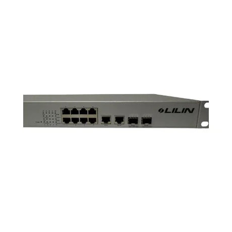 A certified refurbished Cisco LILIN PMH-POE08260WAT 8 Port PoE+ Fast Ethernet Switch (260W, rack-mountable), with four extra ports and indicator lights, shown on a white background—perfect for network upgrades.