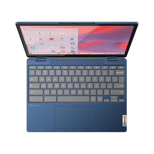 A blue Lenovo IdeaPad Flex 3 CB-11IGL0 Chromebook (11.6", N4020, 4GB RAM, 64GB, Chrome OS) is open, showing a light-themed interface with app icons; the keyboard and centered touchpad are visible.