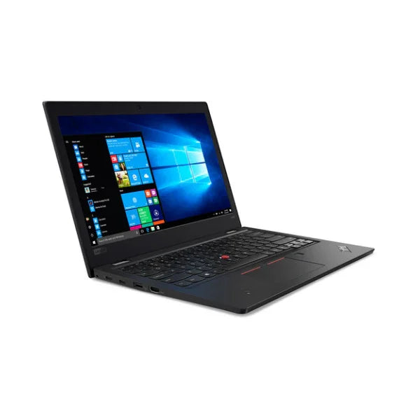 A black Lenovo ThinkPad L380 i5 8350U 13.3 laptop is open on a white background, showing Windows 11 Pro and its keyboard, trackpad, and side ports. This refurbished Lenovo laptop offers a sleek, portable workstation.