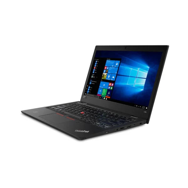 A refurbished Lenovo ThinkPad L380 with Intel i5 8350U, 8GB RAM, 256GB SSD, and Windows 11 Pro is shown angled to highlight its keyboard and 13.3 display—a reliable business laptop for professionals.