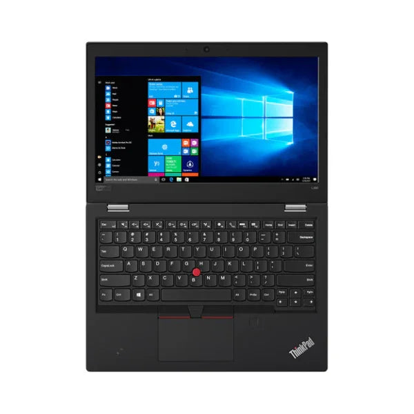 A Lenovo ThinkPad L380 i5 8350U business laptop is shown from above with its screen open on Windows 11 Pro, featuring a black keyboard and red TrackPoint that emphasize the sleek design of this 13.3 portable workstation.