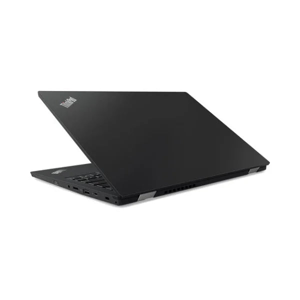The Lenovo ThinkPad L380 i5 8350U 13.3 laptop is shown partially open from the back-left on a white background, displaying side ports and keyboard—emphasizing its portability and workstation features.