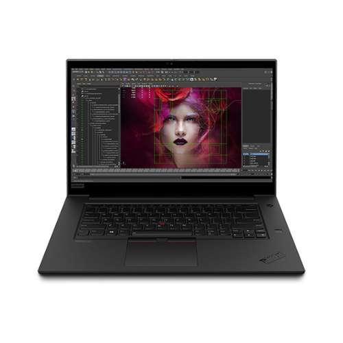 A refurbished Lenovo ThinkPad P1 G3 W-10855M 2.8GHz 32GB 512GB T2000 15.6" UHD Touch displays digital art software with a vibrant portrait of a woman on screen, showing its keyboard and trackpad while facing forward.