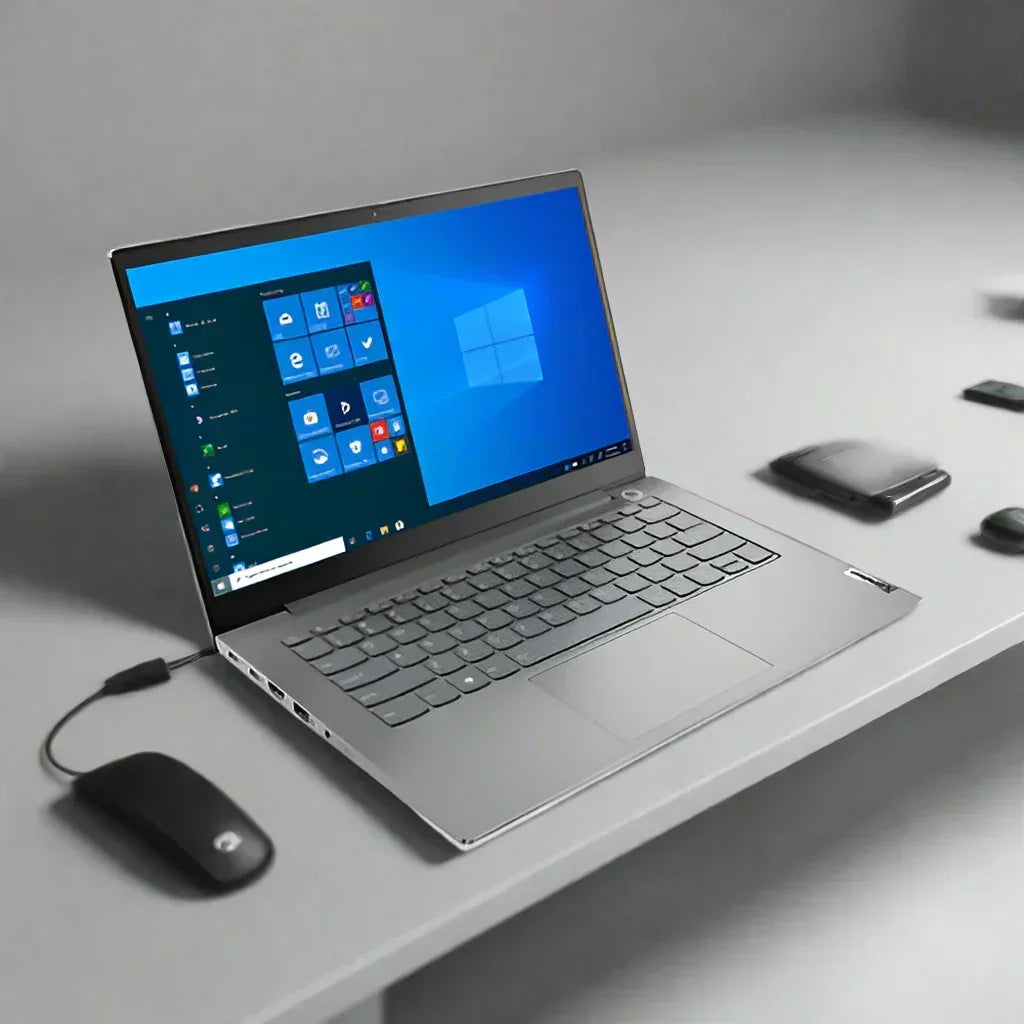 A sleek silver Lenovo ThinkBook 14 G2 with Intel i5-1135G7, 8GB RAM, and 256GB SSD running Windows 11 Pro sits on a gray desk beside a wireless mouse, smartphone, and closed black notebook.