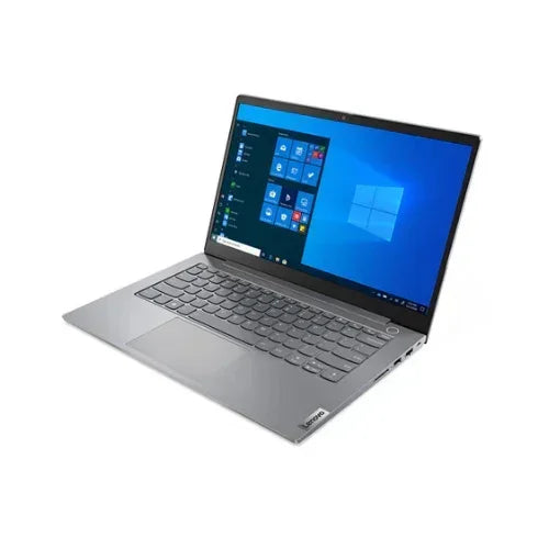 A silver Certified Refurbished Lenovo ThinkBook 14 G2 with Intel i5, 8GB RAM, and 256GB SSD is shown with its keyboard and touchpad visible, displaying the Windows home screen on a plain white background.