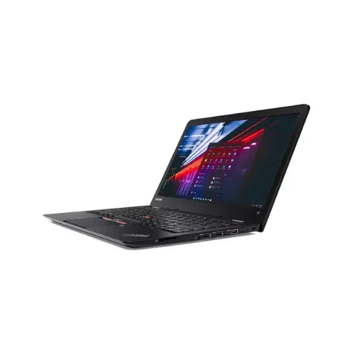 A certified refurbished Lenovo ThinkPad 13 G2 with Intel i7, 16GB RAM, and 256GB SSD is shown open at an angle, revealing its keyboard and vibrant display. Multiple ports on the side enhance productivity, ideal for business use.