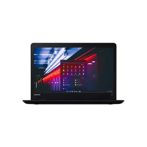A certified refurbished Lenovo ThinkPad 13 G2 (i7-7500U, 16GB RAM, 256GB SSD, Windows 10 Home, 13.3") displays the Windows start menu with neon wallpaper on a black screen, set against a plain white background.