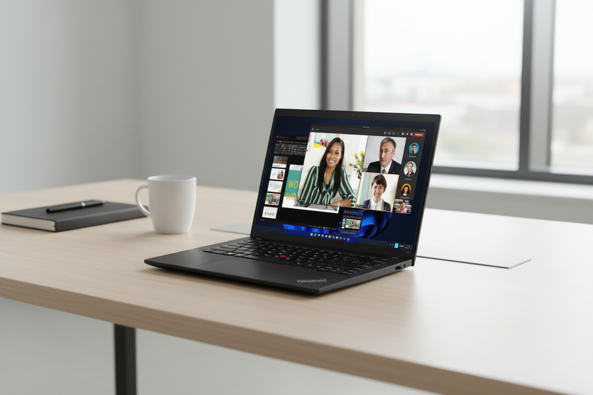A refurbished Lenovo ThinkPad T14S G3 with Intel i5-1235U, 16GB RAM, and 256GB storage is shown angled, its screen displaying a video call and presentation slides, with both keyboard and part of the display clearly visible.