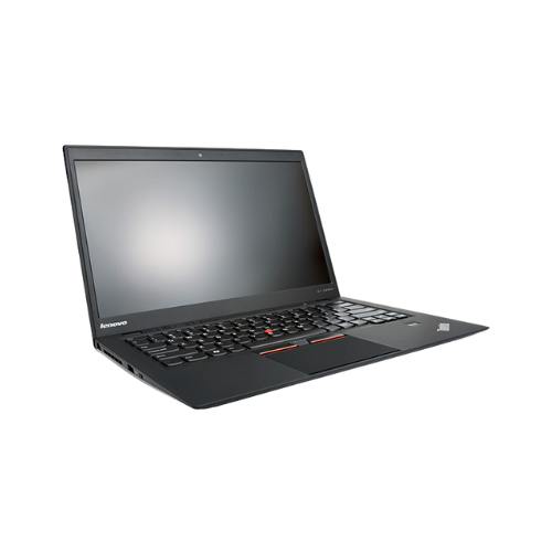 A black Lenovo ThinkPad X1 Carbon G1 i5 3427U 1.8GHz 4GB 128GB 14" laptop, partially open, reveals its keyboard, touchpad, and screen against a plain white background—a sleek business device by Lenovo.