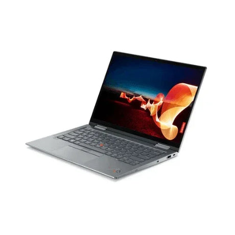 A Lenovo ThinkPad X1 Yoga G6 (i5 1135G7, 16GB RAM, 256GB SSD, 14) convertible laptop is open, showing its keyboard and a screen with an abstract orange and yellow design on a dark background.