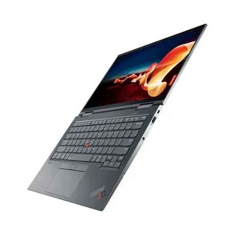 A gray Lenovo ThinkPad X1 Yoga G6 14 (i5-1135G7, 16GB RAM, 256GB SSD, Windows 11 Pro) certified refurbished laptop is open, showing its colorful display with abstract light trails and visible keyboard and touchpad.