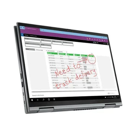 A Lenovo ThinkPad X1 Yoga G6 i5 1135G7 2.6GHz 16GB 256GB SSD 14 convertible in tent mode shows a spreadsheet with handwritten red text, “Need to track delivery,” and a red circle highlighting a section on its screen.