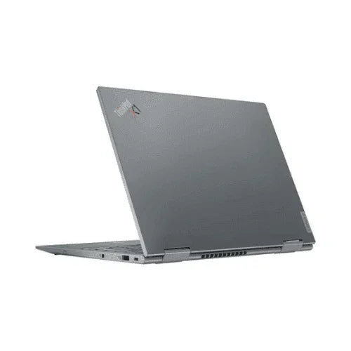 A silver Lenovo ThinkPad X1 Yoga G6 with Intel i5, 16GB RAM, 256GB SSD, and 14 display is shown partially open from the back left, highlighting the ThinkPad logo on the lid plus visible side and rear ports.