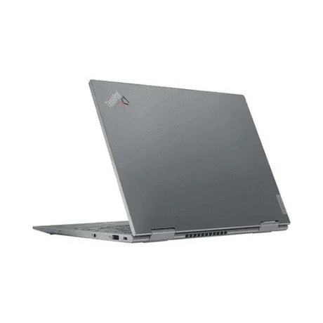 A silver Lenovo ThinkPad X1 Yoga G6 with Intel i5, 16GB RAM, 256GB SSD, and 14 display is shown partially open from the back left, highlighting the ThinkPad logo on the lid plus visible side and rear ports.