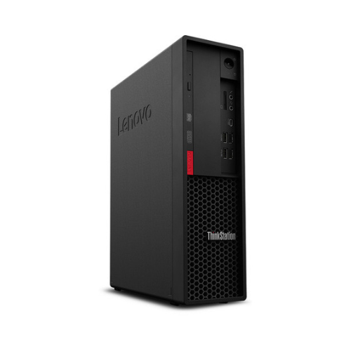 A black Lenovo ThinkStation P330 SFF with Intel i7-9700, 16GB RAM, 512GB SSD, and NVIDIA P1000, shown in a slim tower design with front USB ports and ventilation, photographed on a white background.