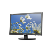 A refurbished black Lenovo ThinkVision E2224 21.5" Full HD monitor with a round base shows crisp white daisies under a blue sky, viewed from a low angle for vibrant, clear visuals. Model offers 1920x1080 resolution and fast 5ms response time.