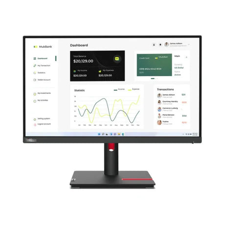 A Lenovo ThinkVision T23i-30 23" IPS monitor shows a banking dashboard with account balances, credit card info, graphs, recent transactions, and user profile details. This 1920x1080 display comes without a stand.