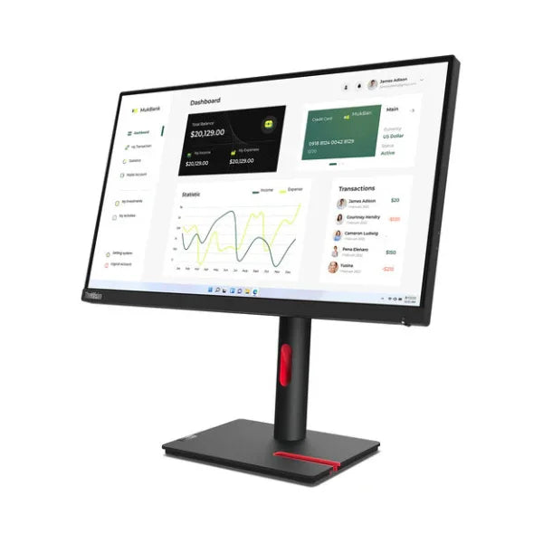 A Lenovo ThinkVision T23i-30 IPS 23" monitor (1920x1080, 4ms, 16:9, VGA/HDMI/DP, no stand) displays a dashboard with charts, graphs, and transaction details.