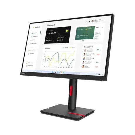 A Lenovo ThinkVision T23i-30 IPS 23" monitor (1920x1080, 4ms, 16:9, VGA/HDMI/DP, no stand) displays a dashboard with charts, graphs, and transaction details.