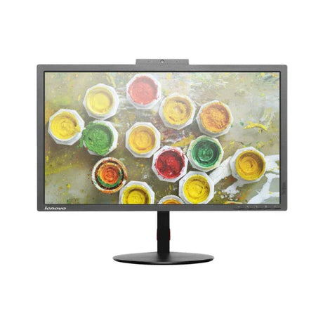 A Lenovo ThinkVision T2424ZA 24" IPS monitor shows an overhead of open paint jars in yellow, red, green, and white on a paint-splattered surface. This certified refurbished display offers Full HD clarity, 6ms response, HDMI, DP, and USB ports. No stand included.