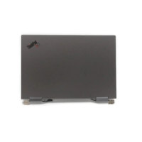 Closed black Lenovo ThinkPad laptop viewed from above, featuring a Certified Refurbished Lenovo ThinkPad X1 Yoga Gen 5 14" FHD IPS Touch Screen Panel (5M10Z37051) by Lenovo. The ThinkPad logo is in the top left on a plain white background.