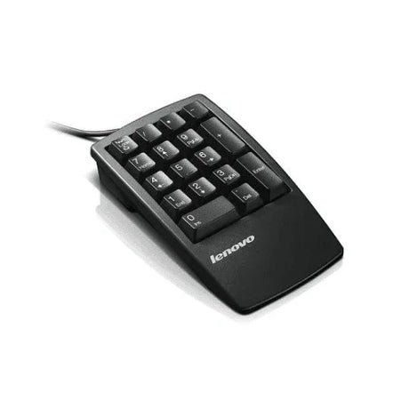 A refurbished Lenovo USB Numeric Keypad 33L3225 (17-key, black) with number and function keys—ideal for boosting productivity on a budget. Shown against a white background. Brand: Lenovo.