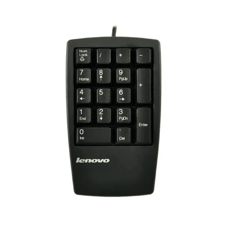 A refurbished Lenovo USB Numeric Keypad 33L3225 (17-key) by Lenovo, featuring numbers, Num Lock, Enter, Delete, and navigation keys—an ideal productivity accessory—displayed on a white background.