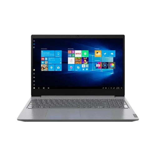 A certified refurbished Lenovo V15-IIL (i5 1035G1, 8GB RAM, 256GB SSD, 15.6), featuring a black keyboard and screen with the Windows 11 Pro home display, showcasing icons on a blue background.