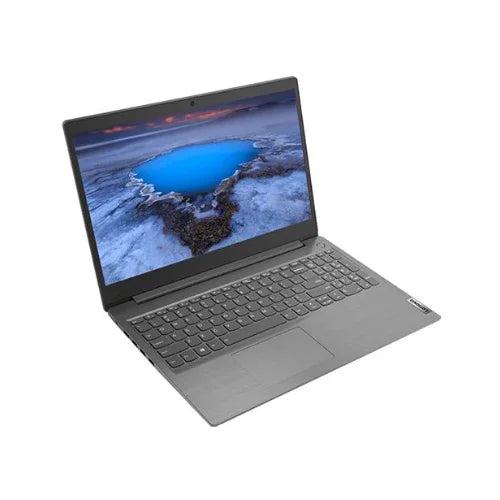A silver Lenovo V15-IIL i5 1035G1 business laptop with a black keyboard is open at an angle, showing a blue lake on its 15.6 screen against a white background.