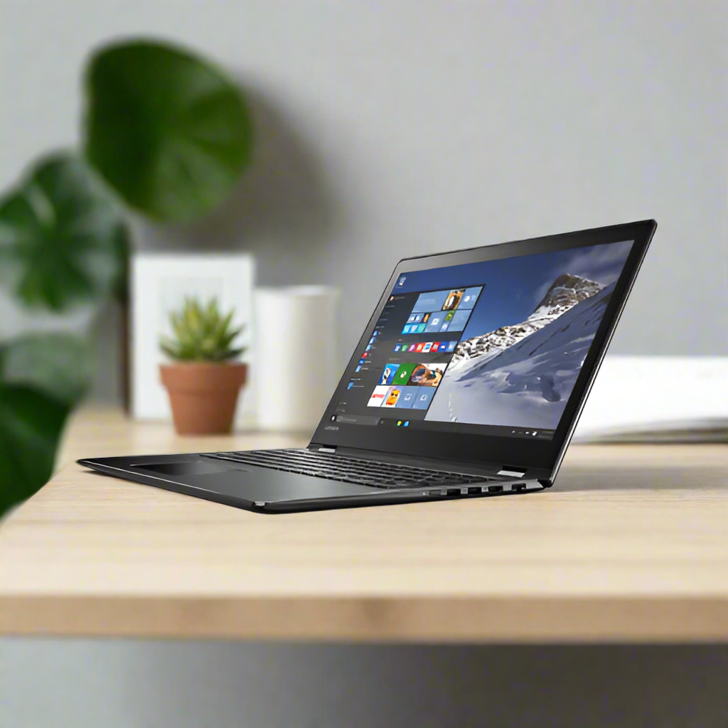 A slim black Lenovo Yoga 510-14ISK 14" touchscreen convertible laptop with Windows 10 Home is open on a light wooden desk, next to a small potted plant and a blurred large green leaf in the background.