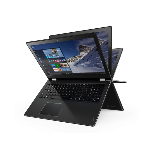 A certified refurbished black Lenovo Yoga 510-14ISK 14" Touch 2-in-1 laptop, shown in dual positions with its 360° hinge for tablet or stand mode, displays Windows OS on screen. Specs: 4405U 2.1GHz, 8GB RAM, 128GB storage.