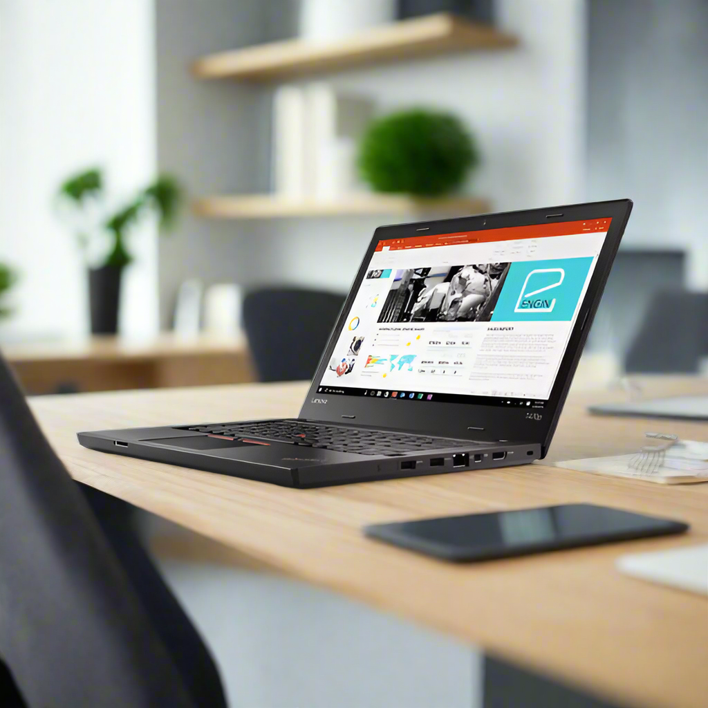 A black Lenovo ThinkPad T470 with i5-7300U, 8GB RAM, 256GB SSD, and 14 touchscreen displays a business presentation on a wooden desk in a modern office, with a smartphone nearby and blurred shelves with plants in the background.