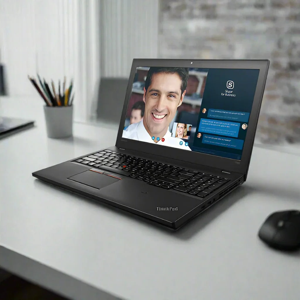 A Lenovo ThinkPad T560 i7 6600U business laptop sits on a desk, displaying a video call with a smiling man. Beside it are a computer mouse and a white cup filled with colored pencils.