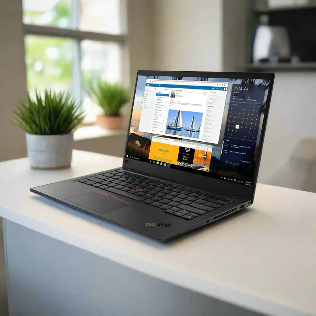 A Certified Refurbished Lenovo ThinkPad X1 Carbon G5 (i5 7200U, 8GB, 256GB SSD, 14", W10P, 1yr Warranty) sits on a white desk with open web pages and calendar apps, a potted plant, and a lush outdoor view visible through the window.